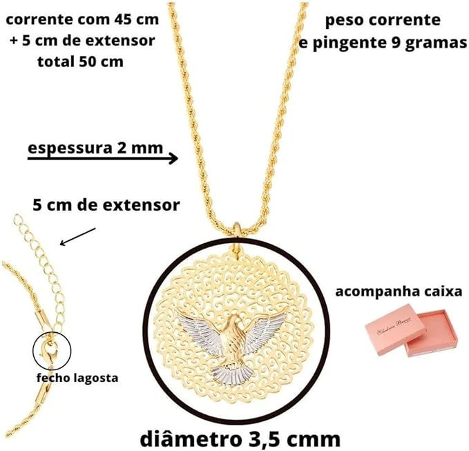 Colar + Pingente Mandala Espírito Santo Banhado Ouro 18k