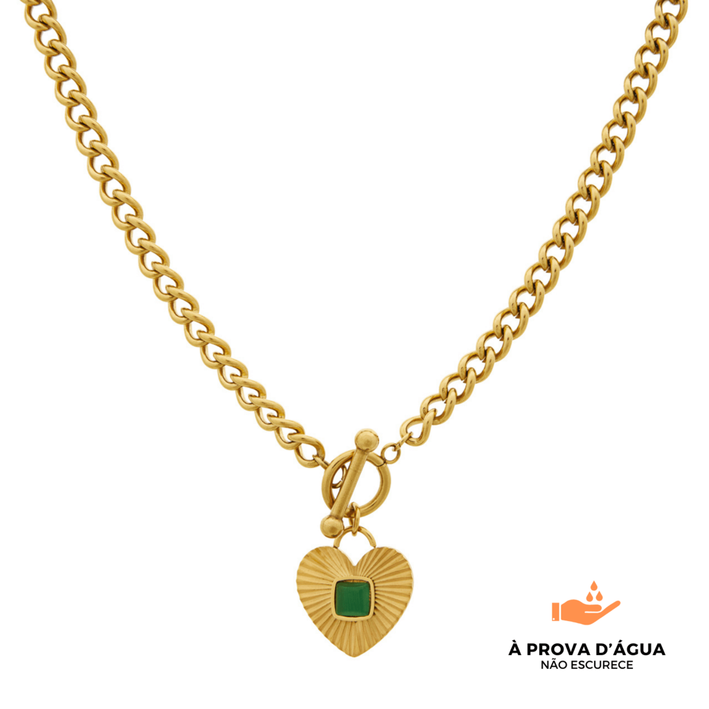 Colar Coração Esmeralda - Banhado em Ouro 18k