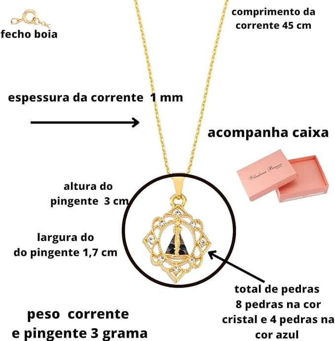 Colar + Pingente Nossa Senhora Aparecida Banhado Ouro 18K